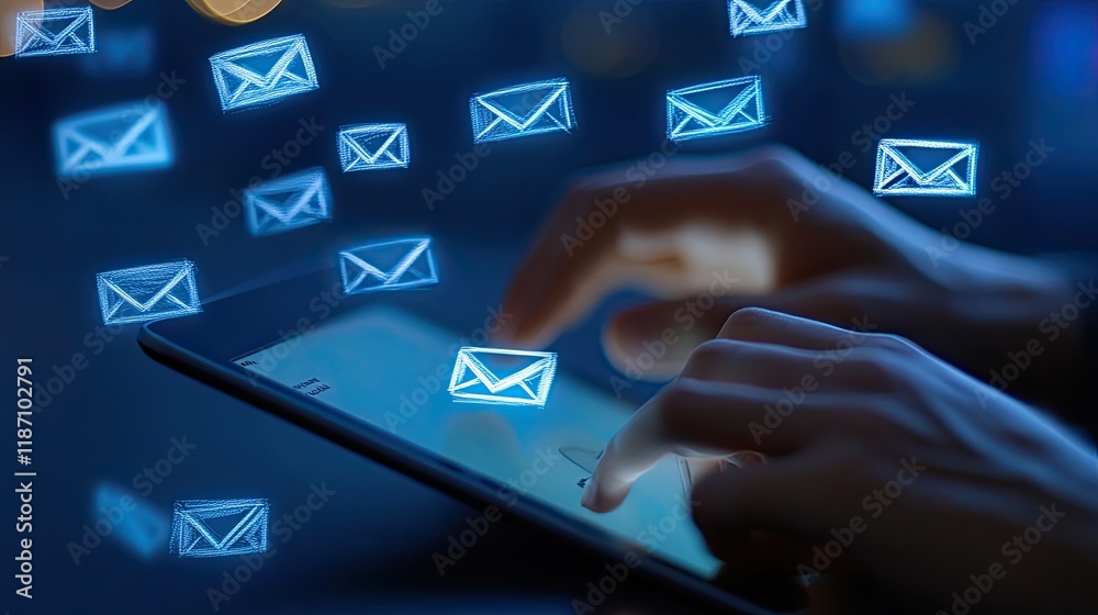 Poster Hands Using Tablet Showing Email Notifications