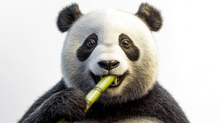 Fototapeta premium Realistic depiction of a panda chewing bamboo, with soft black-and-white fur textures on a pure white background