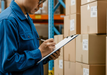 Warehouse worker conducting inventory check while standing next to stacked cardboard boxes during daytime hours