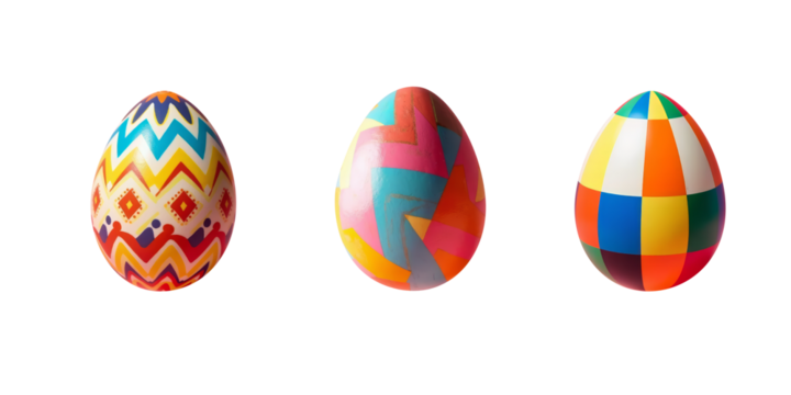 Set of three cute easter painted eggs with colorful pattern on transparent background in Kidcore style