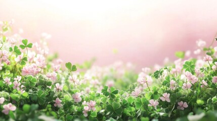 Delicate Pink Flowers and Green Clover in a Field
