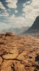 Fototapeta premium Rugged desert landscape under intense sun with cracked earth and mountains.