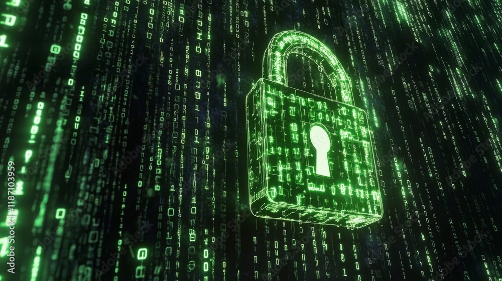 Poster a digital padlock on a computer screen, with binary code in the background, symbolizing online data 