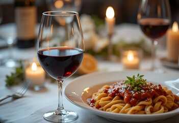 A glass of red wine placed next to a plate of pasta with red sauce