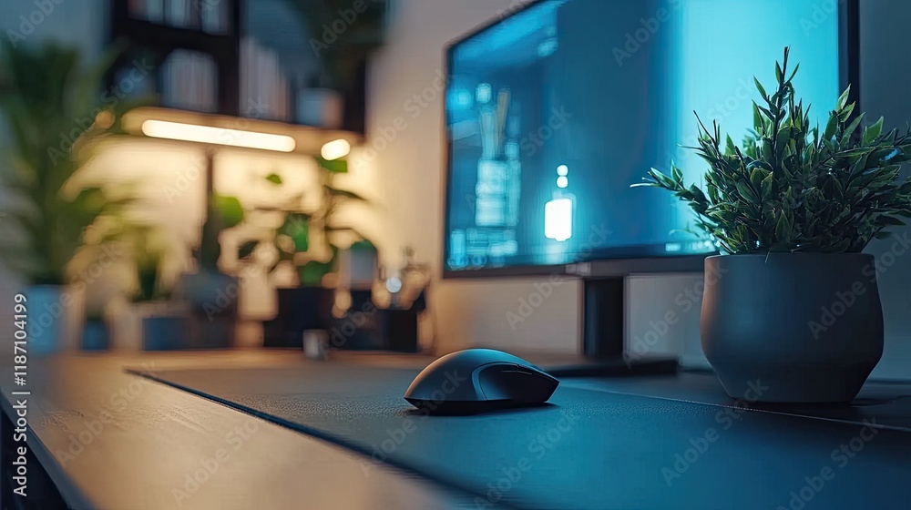 Poster modern workspace featuring computer mouse and plants