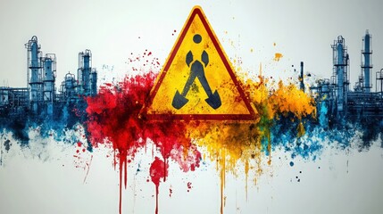 Abstract design with construction warning sign and colorful paint splashes, depicting industrial background and safety themes for creative projects and advertising