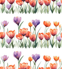 Fototapeta premium Delightful watercolor seamless pattern featuring vibrant tulips in cheerful hues, perfect for spring-themed designs.