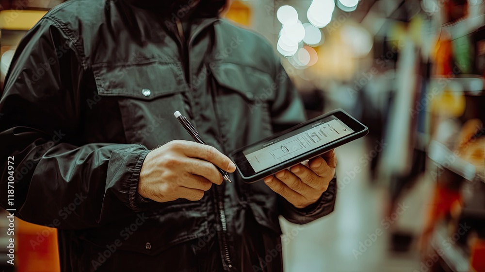 Poster person using stylus on digital tablet in store