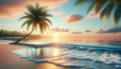 Tropical beach sunset, palm trees silhouette, golden sand, turquoise ocean waves, reflective water surface, vibrant sky colors, dramatic clouds, sun rays, peaceful atmosphere, tranquil seaside, coasta
