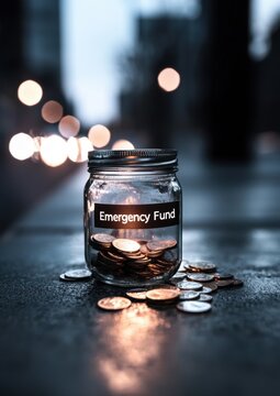 A jar full of coins with the word emergency fund written on it