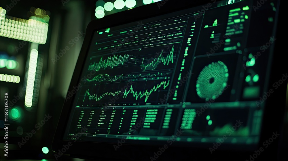 Poster computer screen displays financial market data graphs