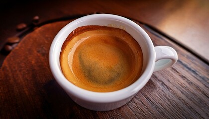 a cup of frothy espresso coffee in a white mug with hot aromatic brew and rich crema