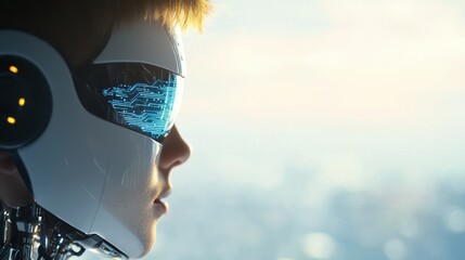 Young Boy with Futuristic Robot Headset and Digital Interface in a Sci-Fi Setting