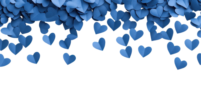 A cascade of blue paper hearts creating a romantic atmosphere. transparent background