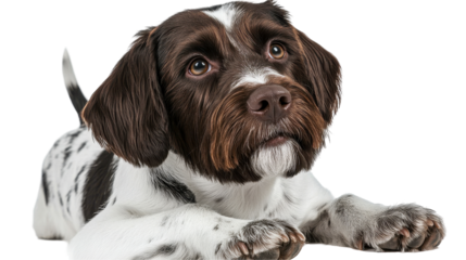 A cute brown and white dog, poses with an adorable expression. transparent background