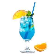 Blue Curacao cocktail with orange on white background