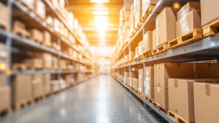 Fototapeta premium Warehouse Storage Aisle With Cardboard Boxes on Shelves in Modern Facilities