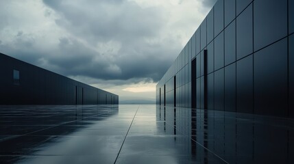 Fototapeta premium Serene Reflection in Urban Landscape Under Dramatic Cloudy Sky at Dusk