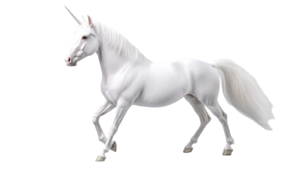 A majestic white unicorn gracefully trotting in a fantasy setting. transparent background