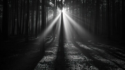 Sunbeams pierce through dark forest, creating dramatic light and shadow patterns on the ground.