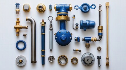 A Collection of Brass and Blue Industrial Pipe Fittings, Valves, and Components on a White Background for Plumbing and Engineering Applications