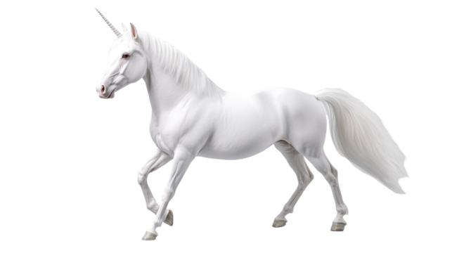 A majestic white unicorn gracefully trotting in a fantasy setting. transparent background