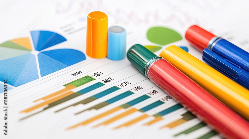 Poster colorful markers resting on financial charts and graphs