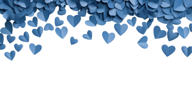 A vibrant display of blue paper hearts for celebrations. transparent background