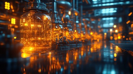 Obraz premium A Stunning Close-Up of Glowing Glass Bottles and Intricate Industrial Pipes in a Modern Workshop Setting with an Ambient Lighting Effect