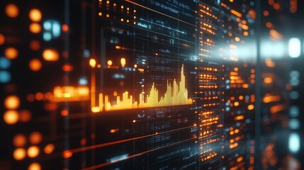 Fototapeta premium Abstract digital data visualization with glowing orange elements, bar graphs and grid patterns showcasing technology and information analytics in a futuristic environment