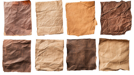 Collection of textured, crumpled papers in various colors. transparent background