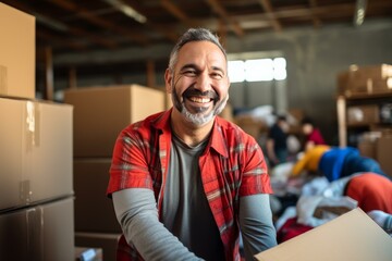 Portrait of a cheerful supervisor packing clothes donations with volunteers in a warehouse