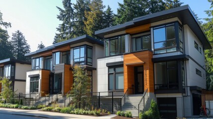 Fototapeta premium A modern twin house community, with a row of homes showcasing clean lines, contemporary design, and matching facades.