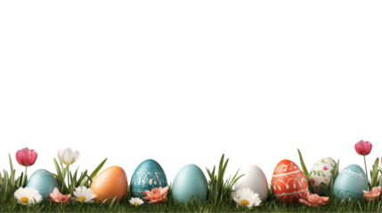 Colorful Easter eggs arranged in vibrant spring flowers. transparent background