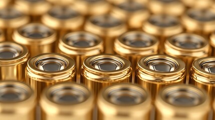 Golden batteries in rows, close-up view. Power source background.