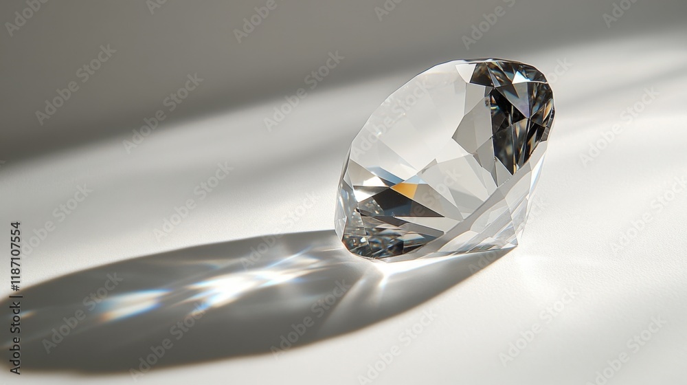 Poster a perfectly round diamond with a slight shadow, emphasizing its cut and clarity on a white backgroun