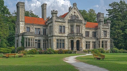 Fototapeta premium Stone Mansion With Red Roof And Lush Green Gardens