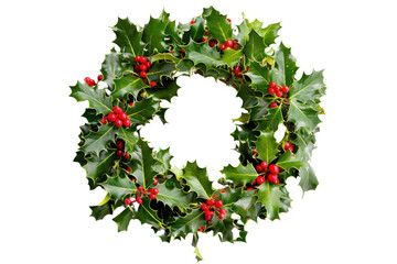 Christmas Holly Wreath with Red Berries Green Leaves Isolated Traditional Decoration transparent background
