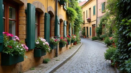 Fototapeta premium Charming European Street with Flower Boxes and Ivy