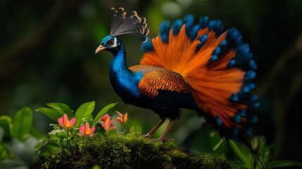 Obraz premium Vibrant male Indian peafowl displays its stunning plumage. Rich blues, oranges, and greens create a breathtaking scene.