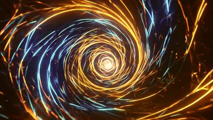 Swirling lights in a vortex pattern. Orange and blue trails lead to a bright center point, creating depth.
