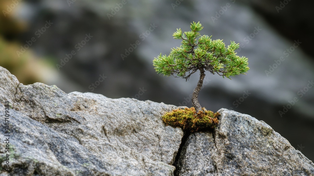 Poster a small tree emerging from a crack in a rock, symbolizing resilience and strength in nature.