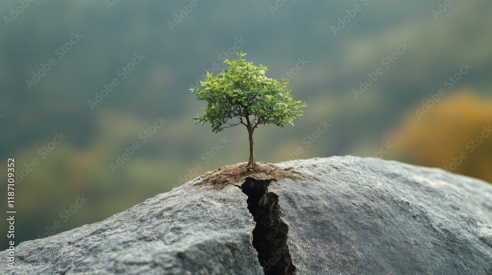 Poster a small tree emerging from a crack in a rock, symbolizing resilience and strength in nature.