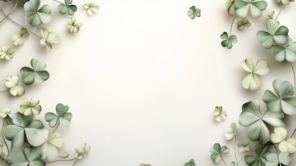 Delicate Green Clover Leaves Frame White Background