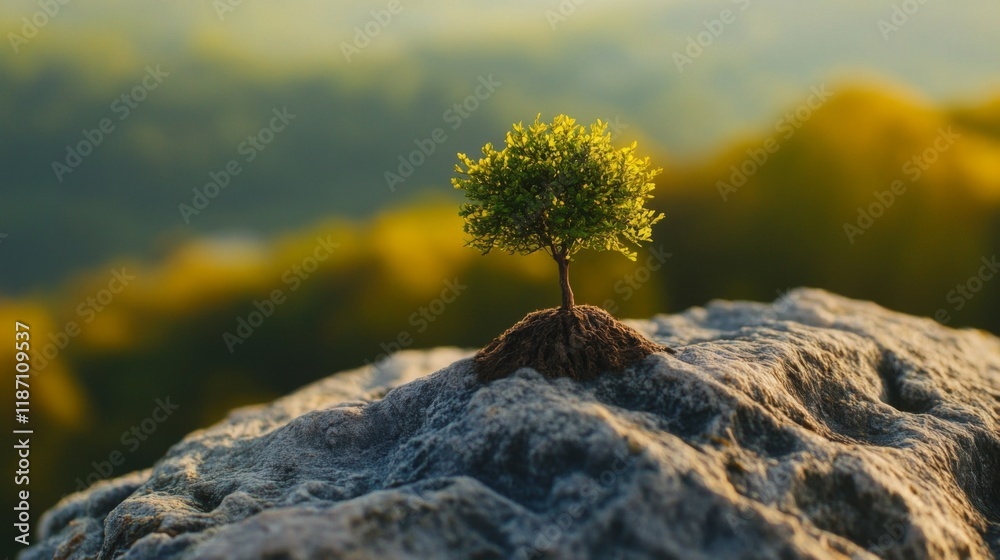 Poster a small tree emerging from a crack in a rock, symbolizing resilience and strength in nature.
