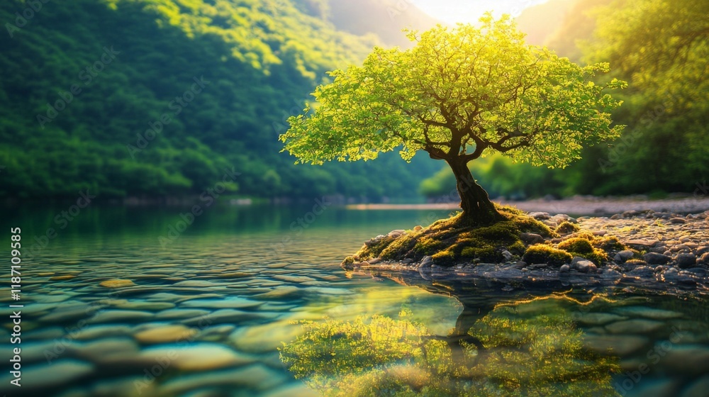 Poster a small tree growing beside a clear river, its reflection shimmering in the water under the afternoo