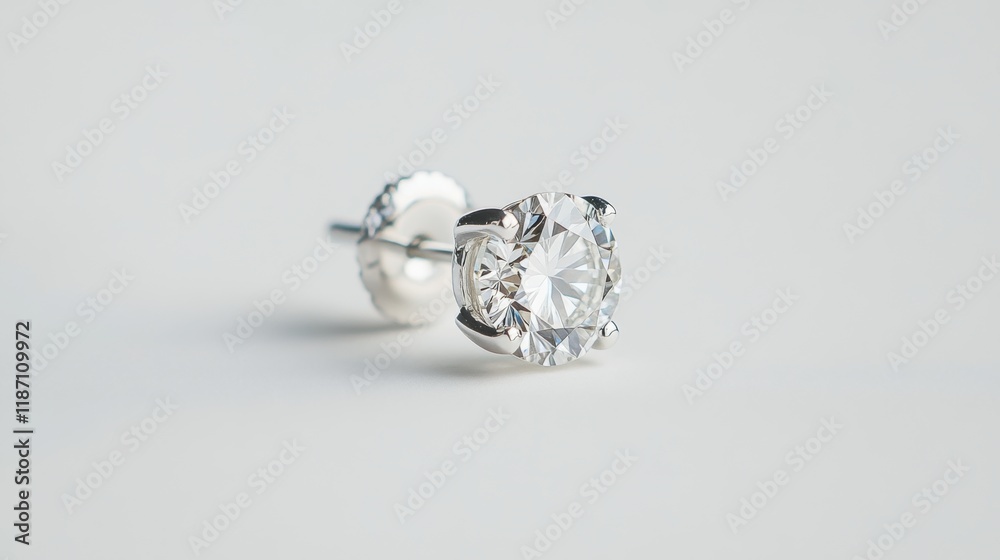 Poster a sparkling diamond earring stud floating elegantly against a plain white background.