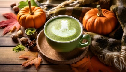 a frothy cup of matcha latte on a wooden table surrounded by a cozy fall setup with seasonal elements like pumpkins autumn leaves and a plaid blanket