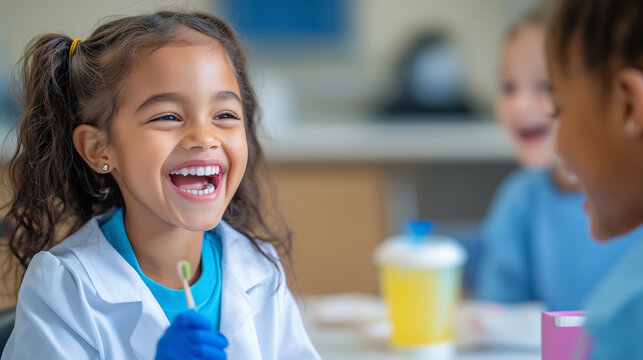 A preventive dental session teaching children about oral hygiene, focusing on proper brushing, flossing, and the importance of regular dental visits for lifelong healthy teeth prev