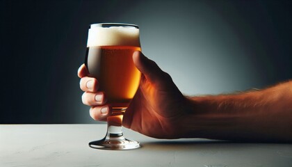 beer glass, golden amber liquid, frosty condensation, hand holding, dramatic lighting, close-up, textured background, photorealistic, high contrast, advertising aesthetic, refreshing beverage, crisp d